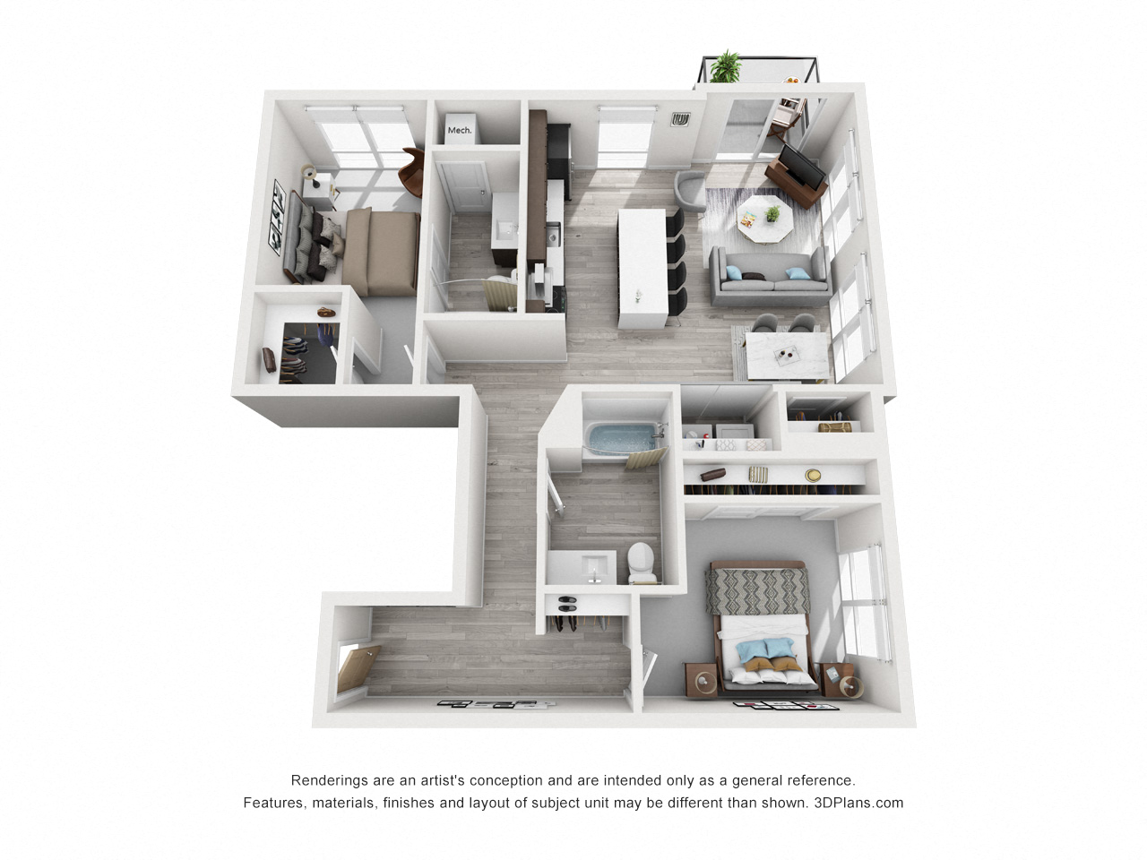 Floor plan for 2 beds, 2 baths, 1081 sqft